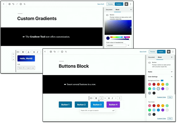 A composite screenshot of Gutenberg Custom Gradients and Buttons Block.
