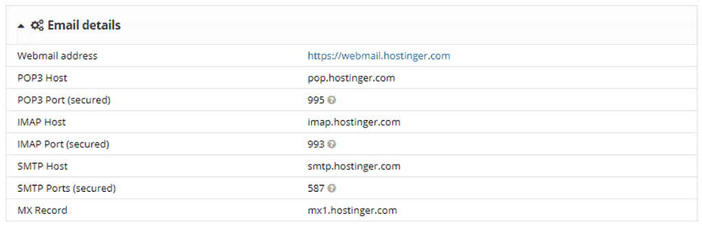 detalhes de email no cpanel da hostinger