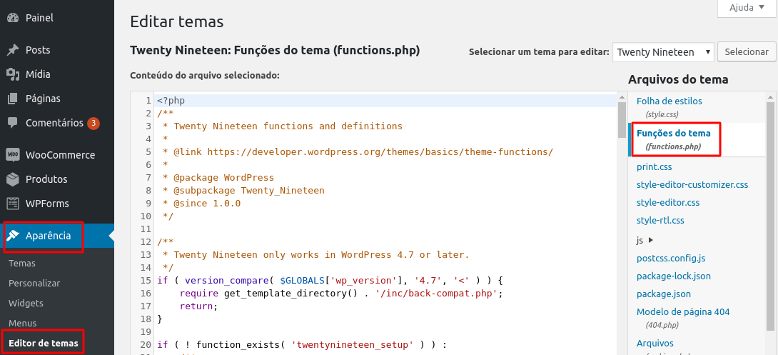 editar arquivo functions.php no wordpress
