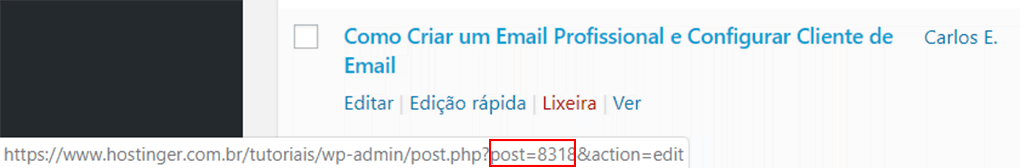 endereço de url surge ao passar o mouse por cima do título do post