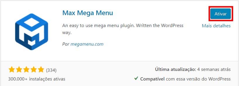 Imagem exibe como ativar um plugin de menu do WordPress após instalá lo.