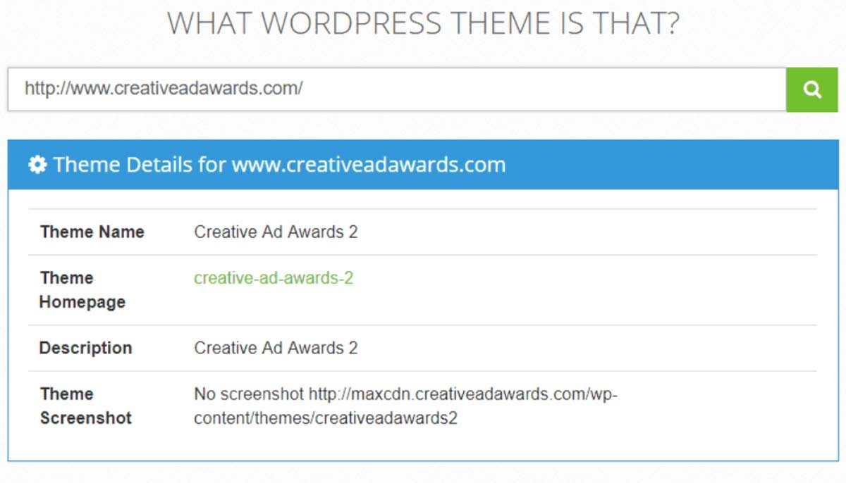 Imagem exibe exemplo de busca feita no What WordPress Theme is That