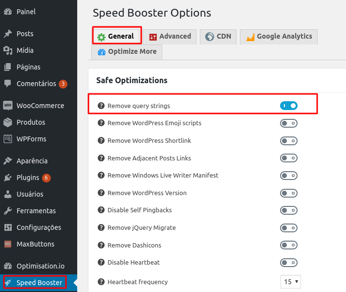 opção de remover query strings pelo plugin speed booster pack