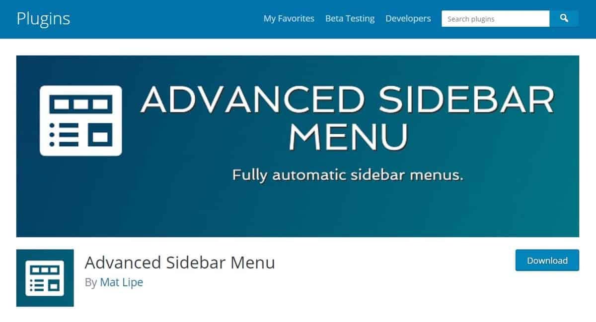 Page de download do plugin Advanced Sidebar Menu