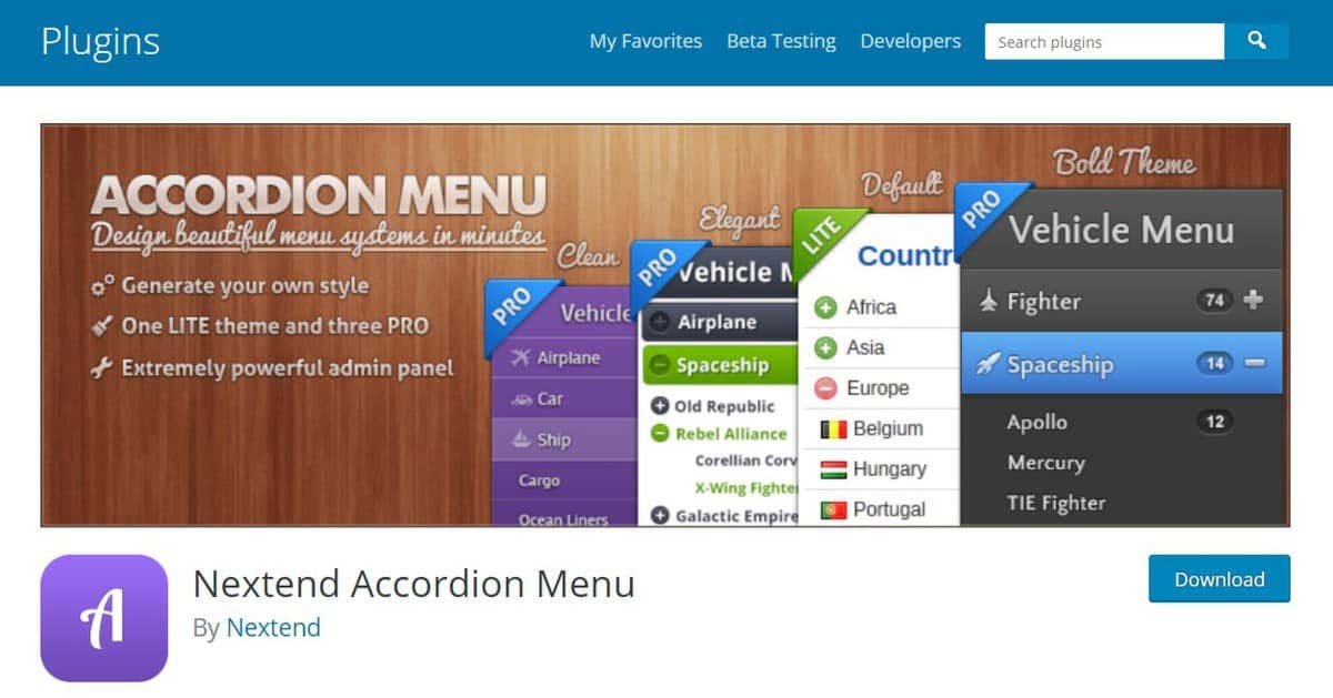 Página de download do Nextend Accordion Menu para WordPress