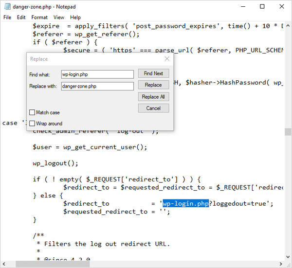 Search and replace wp login.php string