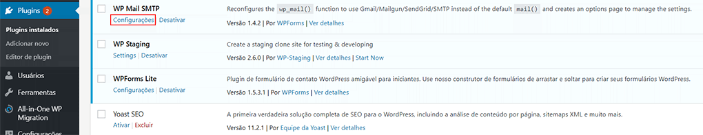 seleção de configurações do plugin wp mail smtp no wordpress