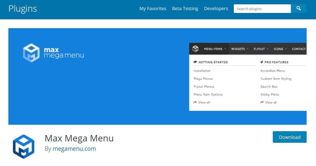 Tela de download do add on Max Mega Menu