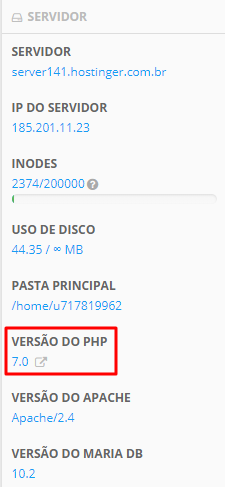 versão do php mostrada no painel de informações