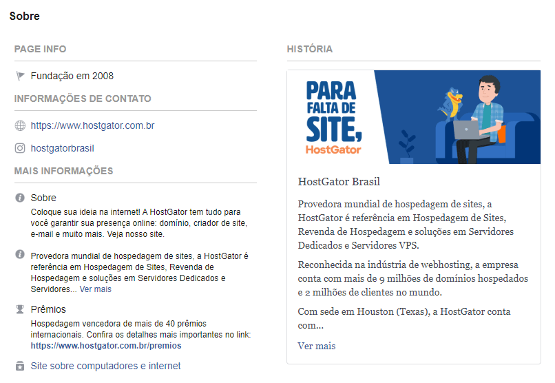 facebook seção sobre