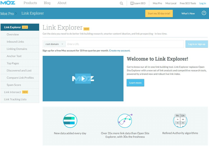 Moz Link Explorer para análise de perfil de backlinks e reputação.
