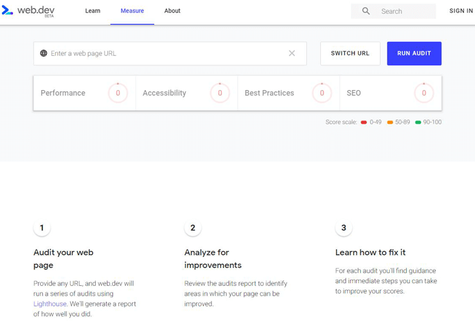 O Web.dev reúne informações de performance e usabilidade das principais ferramentas do Google, como o Page Speed Insights e Lighthouse.