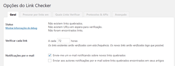 Opções do plugin link checker