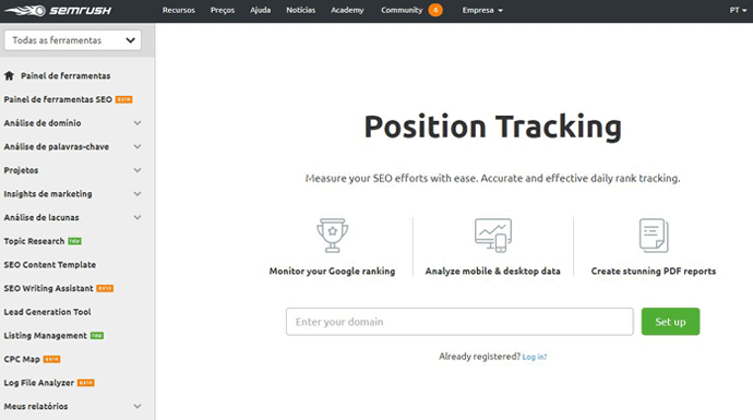 Position Tracking SEMRush em sua página inicial. A ferramenta é ótima para rastreio de posições nos resultados de pesquisas.