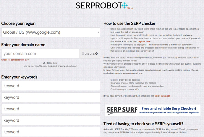 SERPRobot faz o rastreio para palavras chave relacionadas a um site escolhido.