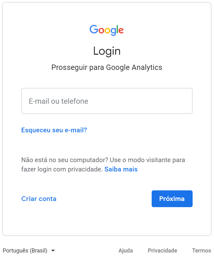 Tela de login do Google Analytics